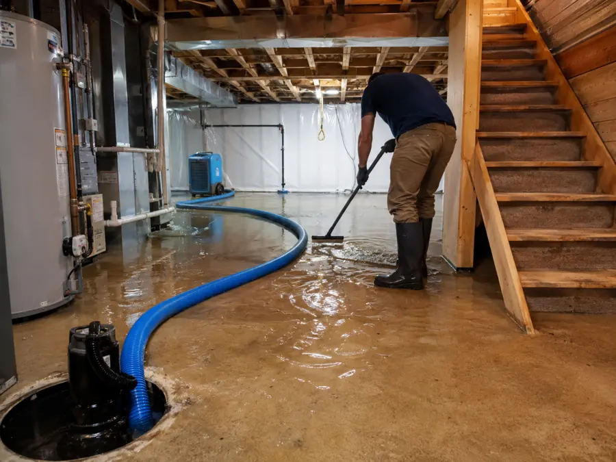 Crew extracting standing water from a Riverton basement floor